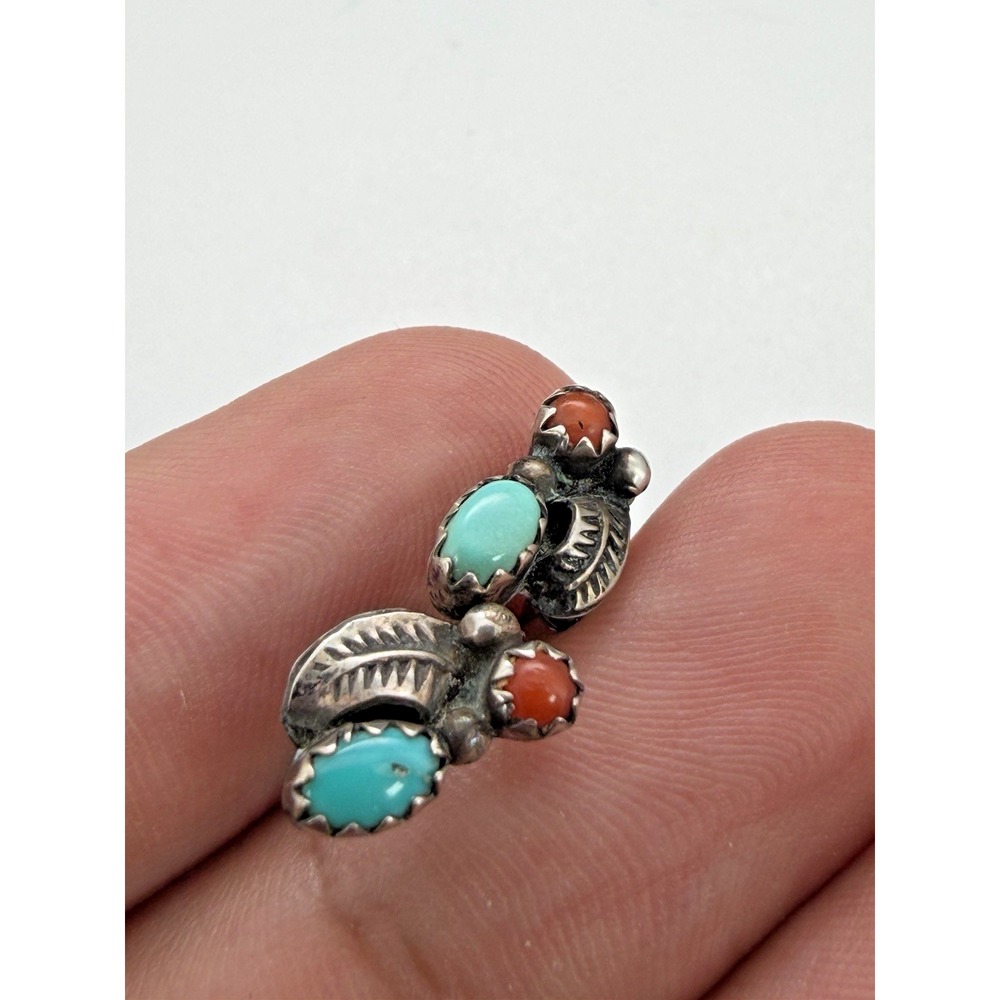 Small Navajo Style Turquoise And Red Coral Feather Sterling Silver Earrings